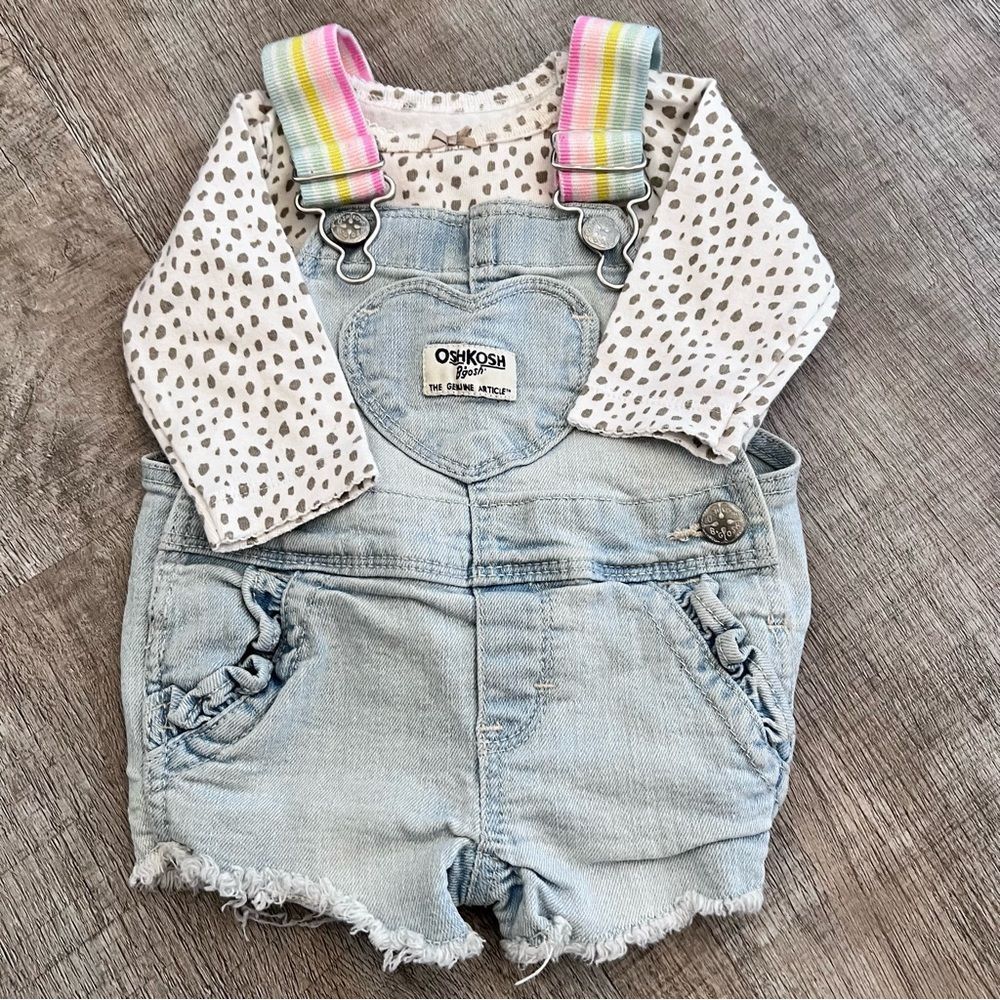 OshKosh Baby Girls Overalls Shortalls 3 Months Rainbow Heart Pockets Distressed